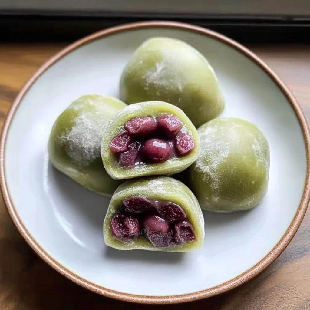 Delicious Matcha Mochi with Red Beans garnished with sweet toppings