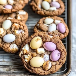Delicious mini egg cookies ready to be served, topped with colorful mini chocolate eggs.