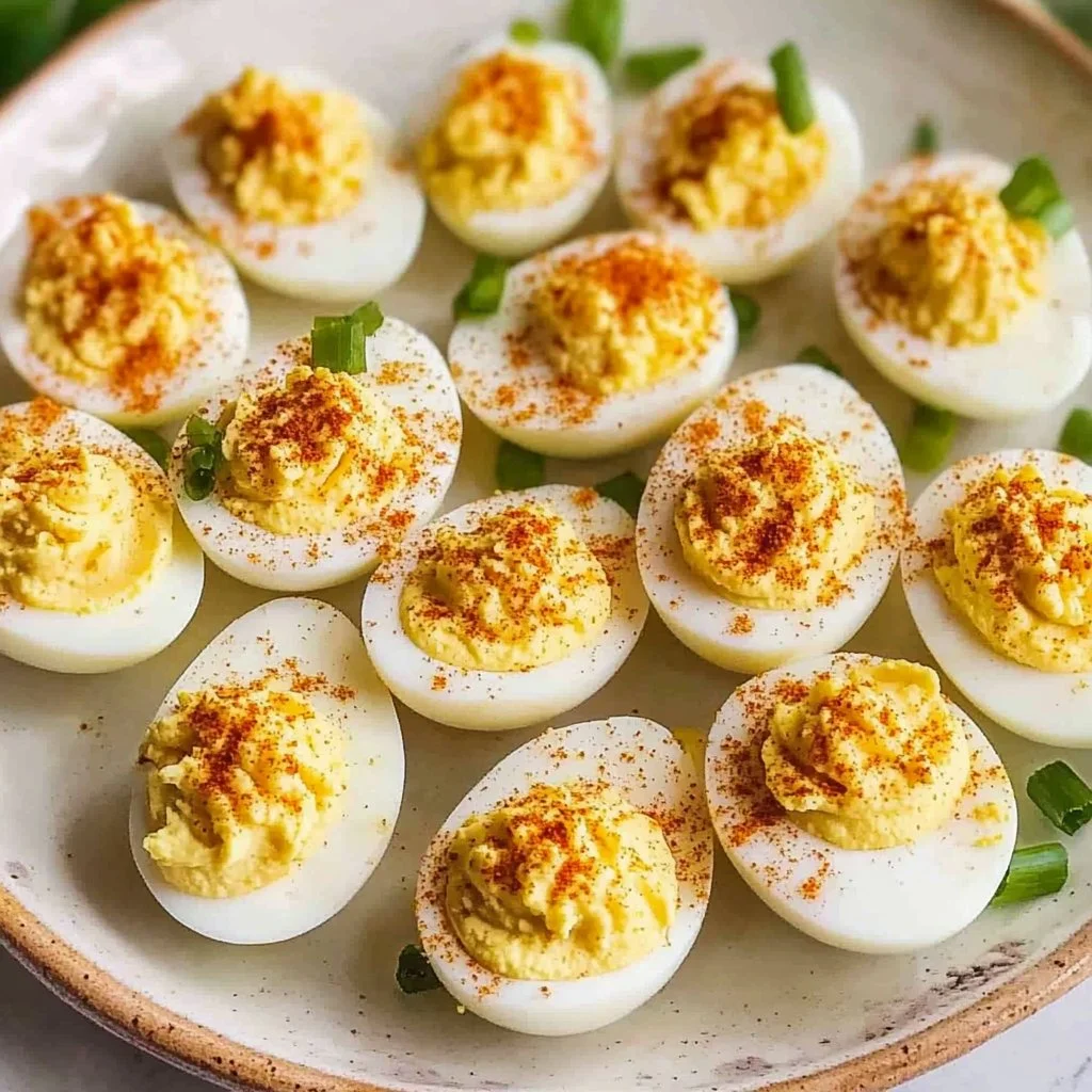 Classic Southern deviled eggs on a platter, garnished with paprika.