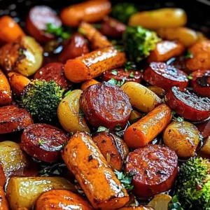 One-pan honey garlic kielbasa with colorful veggies for an easy family meal.