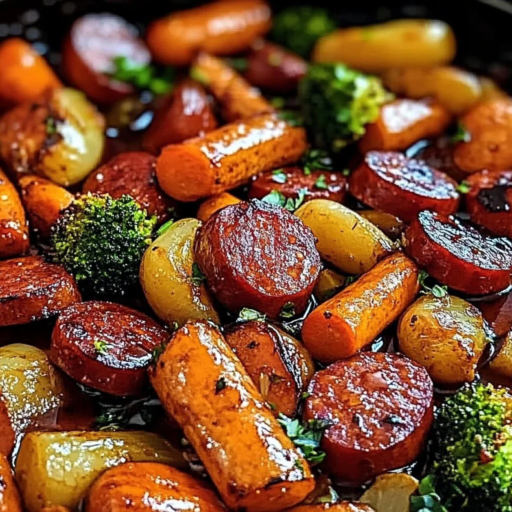 One-pan honey garlic kielbasa with colorful veggies for an easy family meal.