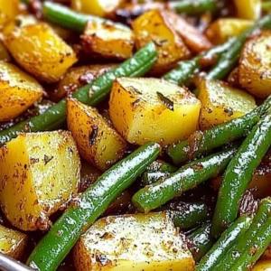 A plate of oven-roasted potatoes and green beans garnished with herbs