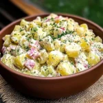 A bowl of Pioneer Woman potato salad with fresh ingredients and creamy dressing