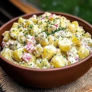 A bowl of Pioneer Woman potato salad with fresh ingredients and creamy dressing