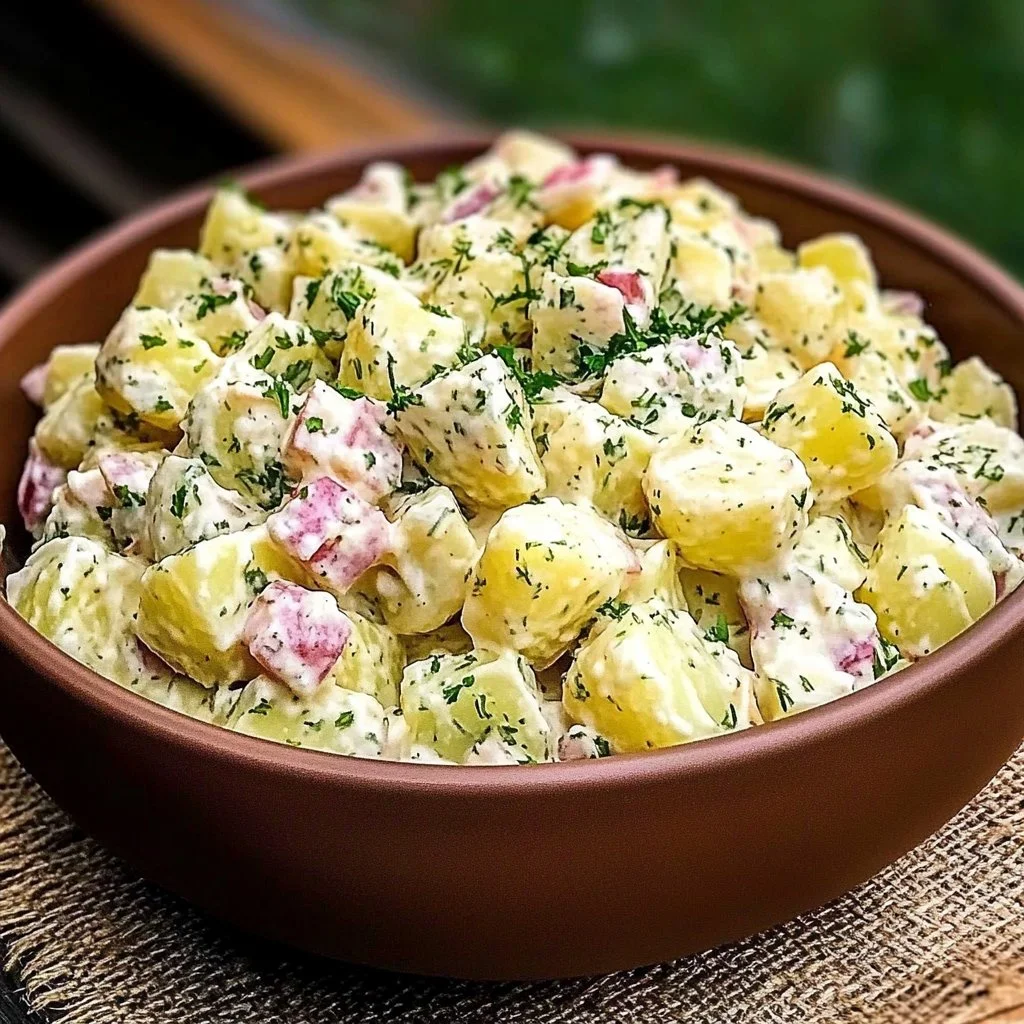 A bowl of Pioneer Woman potato salad with fresh ingredients and creamy dressing
