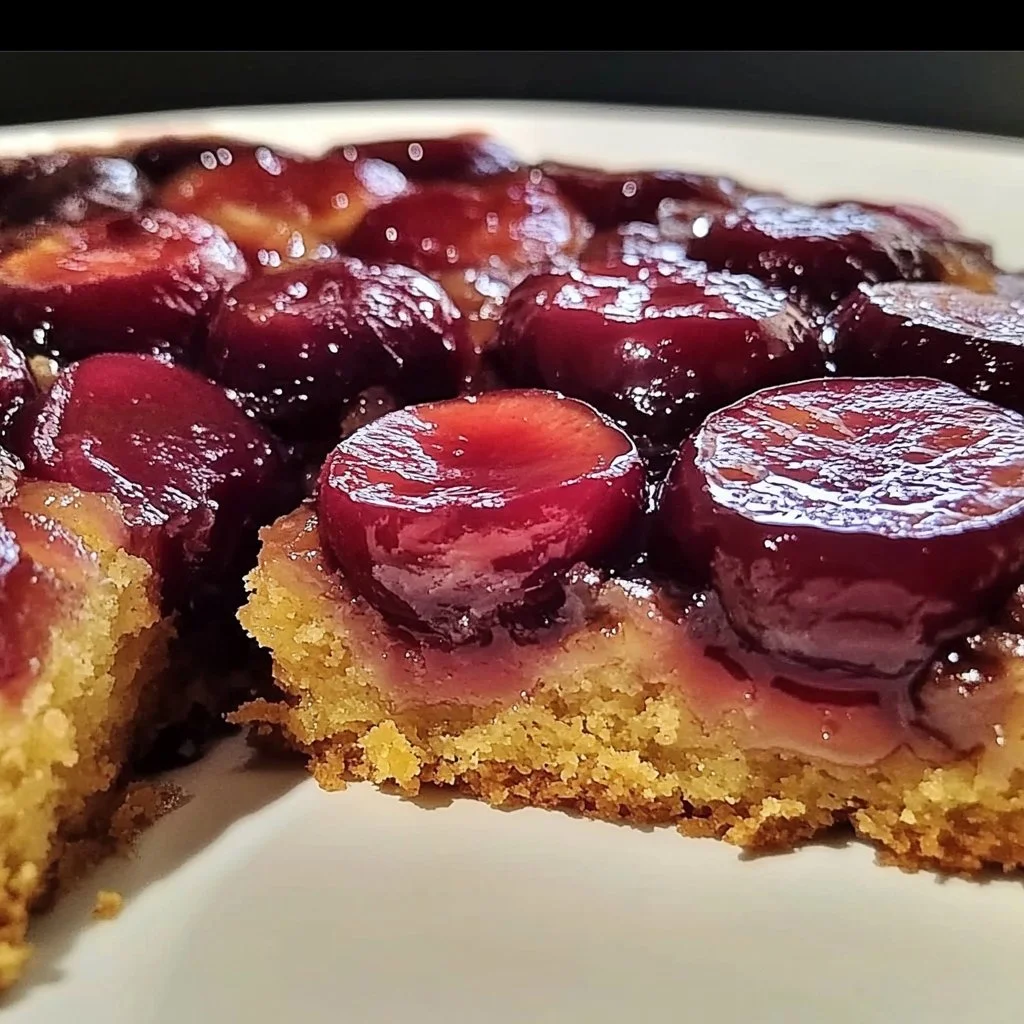 Freshly baked Plum Upside Down Cake with caramelized plums on top