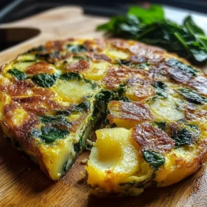Delicious potato spinach frittata garnished with fresh herbs and served on a plate.
