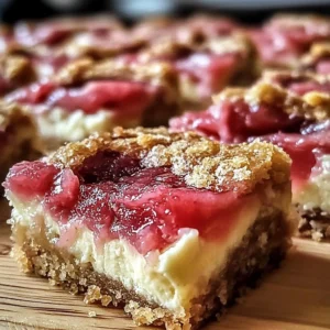 Rhubarb bars topped with cream cheese frosting on a white plate