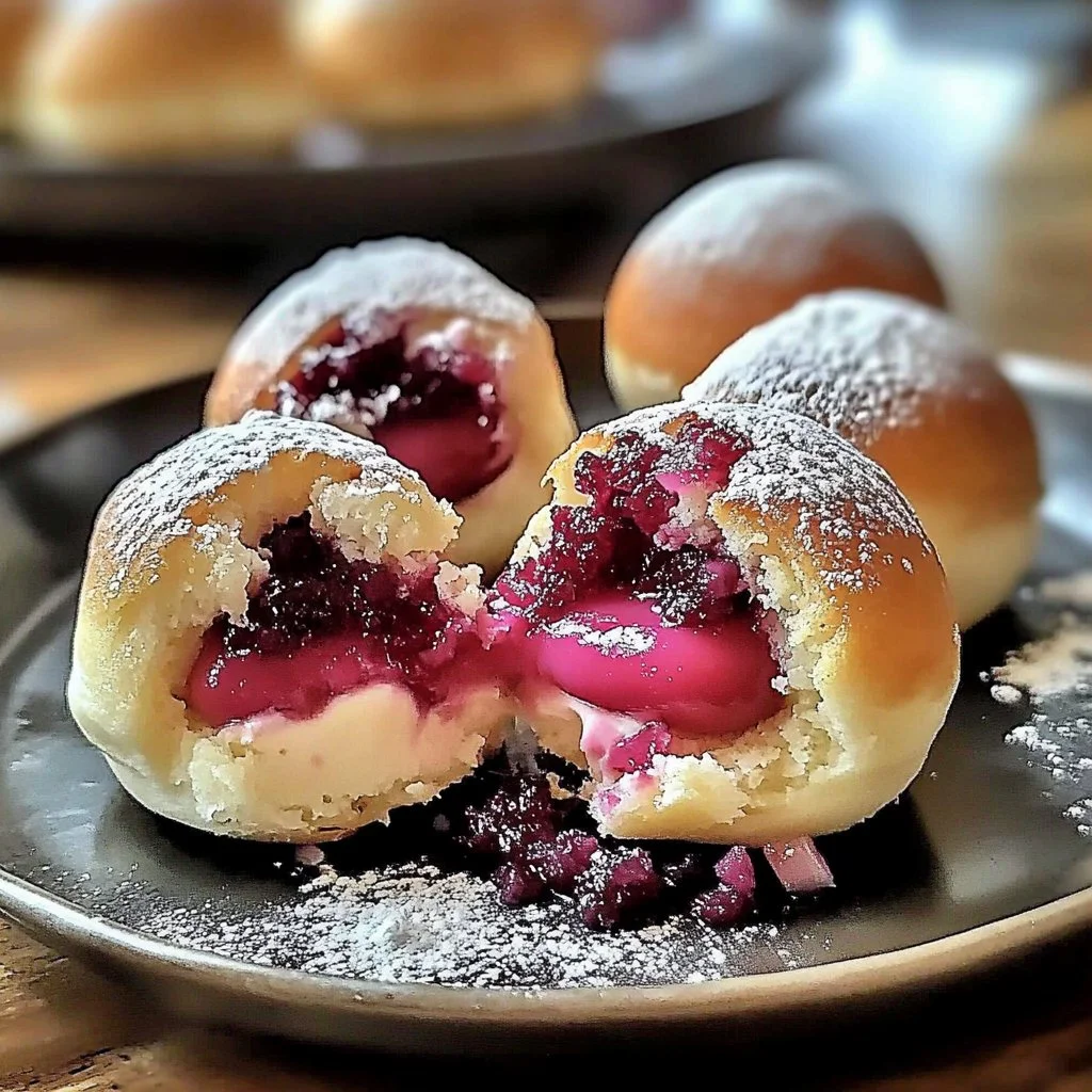 Delicious rhubarb cheesecake bombs with vibrant rhubarb topping