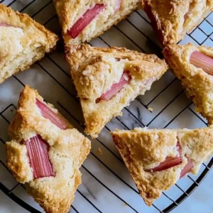 Freshly baked rhubarb scones on a plate with a cup of tea