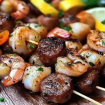Grilled sausage shrimp kabobs on skewers with vegetables.