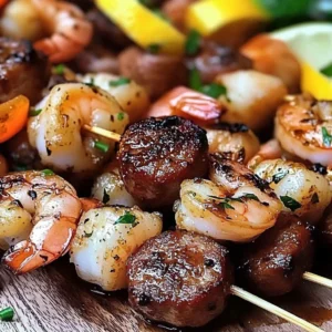 Grilled sausage shrimp kabobs on skewers with vegetables.