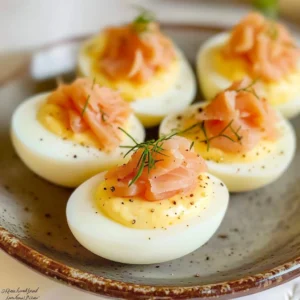 Smoked salmon deviled eggs garnished with herbs on a white plate