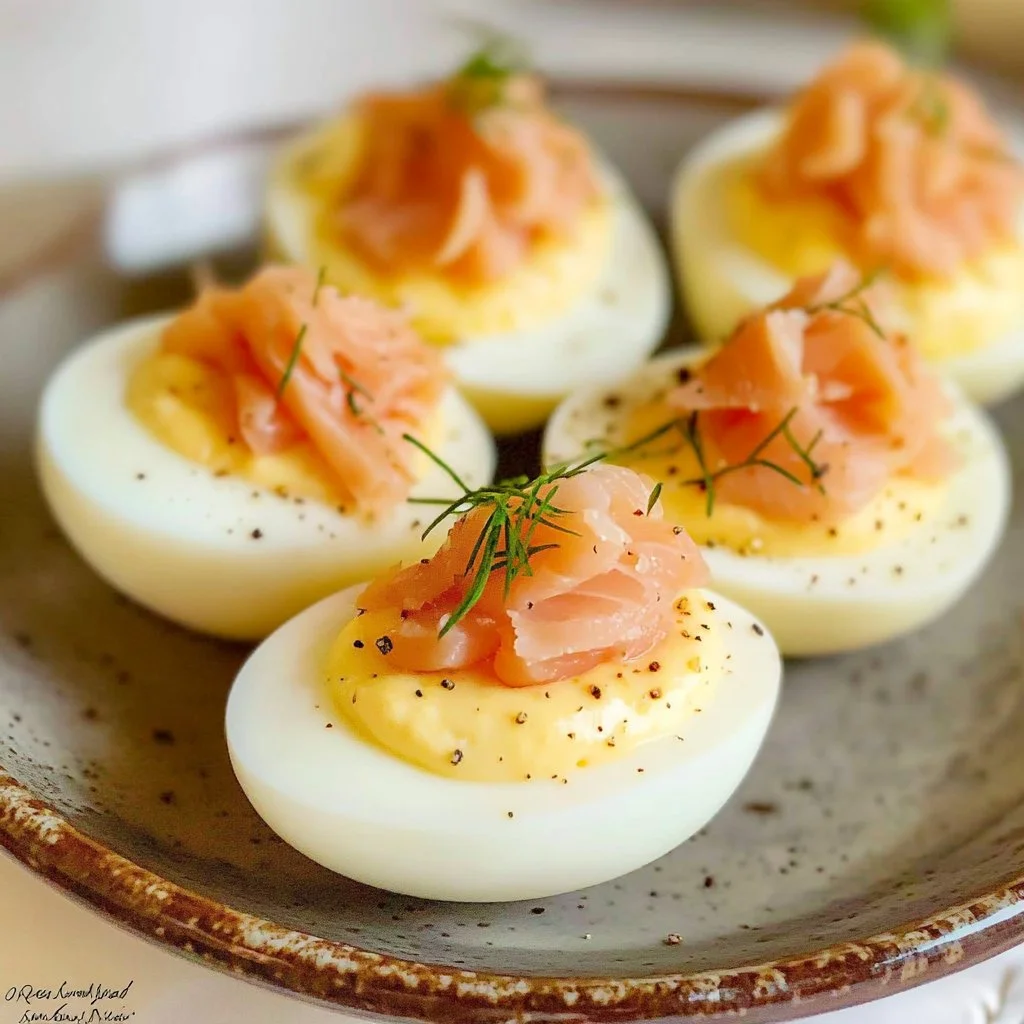 Smoked salmon deviled eggs garnished with herbs on a white plate