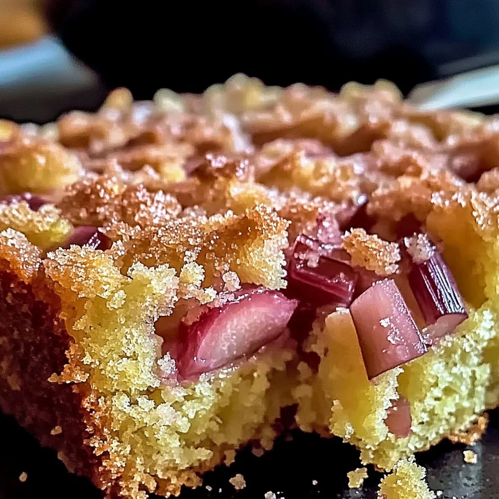 Sour Cream Rhubarb Coffee Cake with a golden crust and a fluffy texture