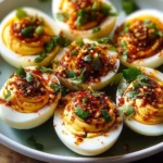 Delicious spicy chili garlic deviled eggs garnished with herbs.