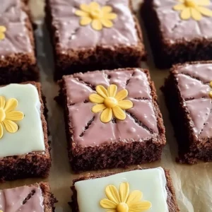 Delicious spring brownies decorated with fresh flowers and seasonal fruits