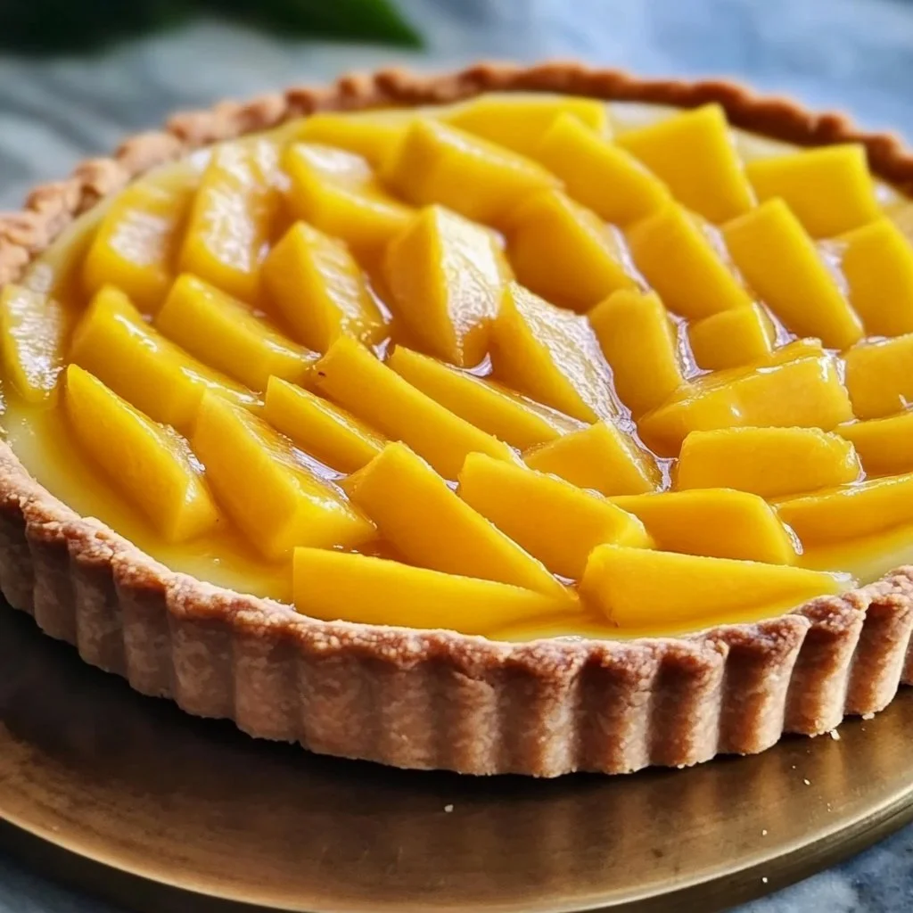 Delicious Summer Mango Tart with a vibrant mango topping and flaky crust