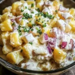 Bowl of the best creamy potato salad with fresh herbs and spices