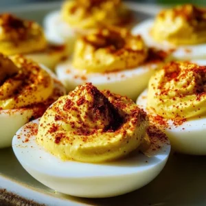 A plate of creamy, tangy, and flawless classic deviled eggs garnished with paprika.