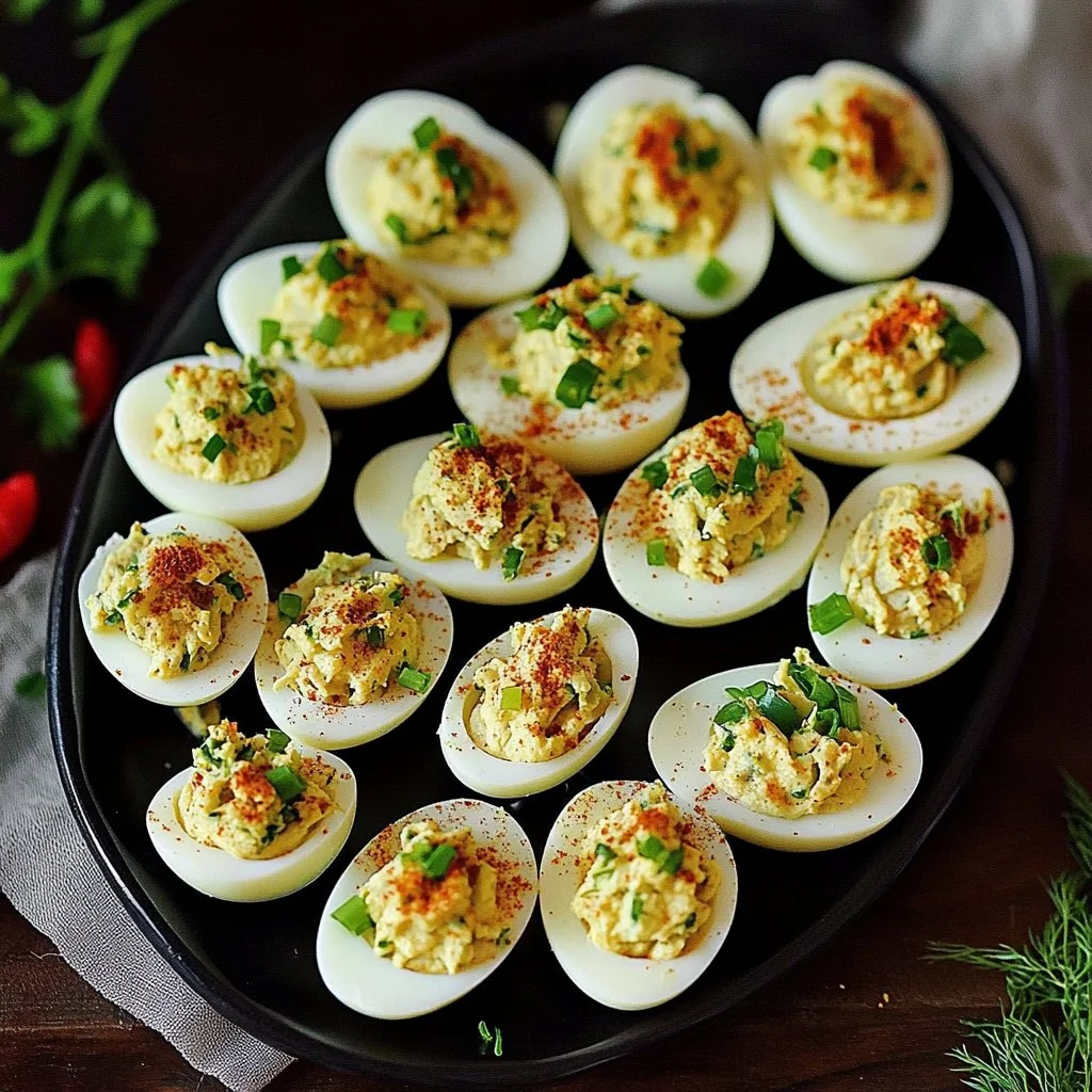 Platter of tuna deviled eggs garnished with herbs