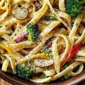 A colorful dish of vegetable pasta filled with fresh ingredients and herbs.