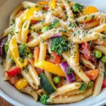 Colorful Vegetarian Pasta Primavera with fresh vegetables and herbs