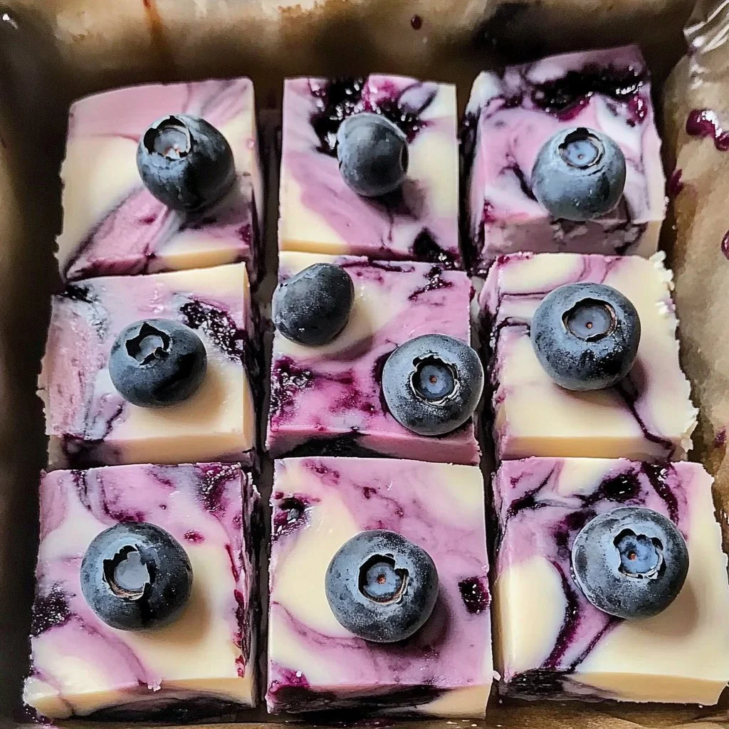 Blueberry cheesecake yogurt bark with fresh blueberries and creamy layers.