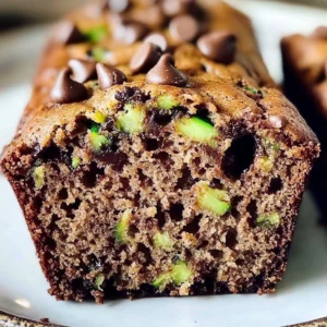 Moist chocolate chip zucchini bread sliced on a wooden board