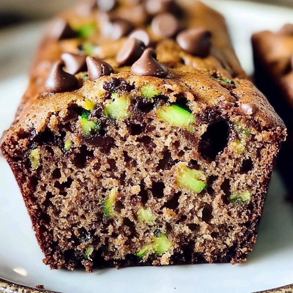 Moist chocolate chip zucchini bread sliced on a wooden board