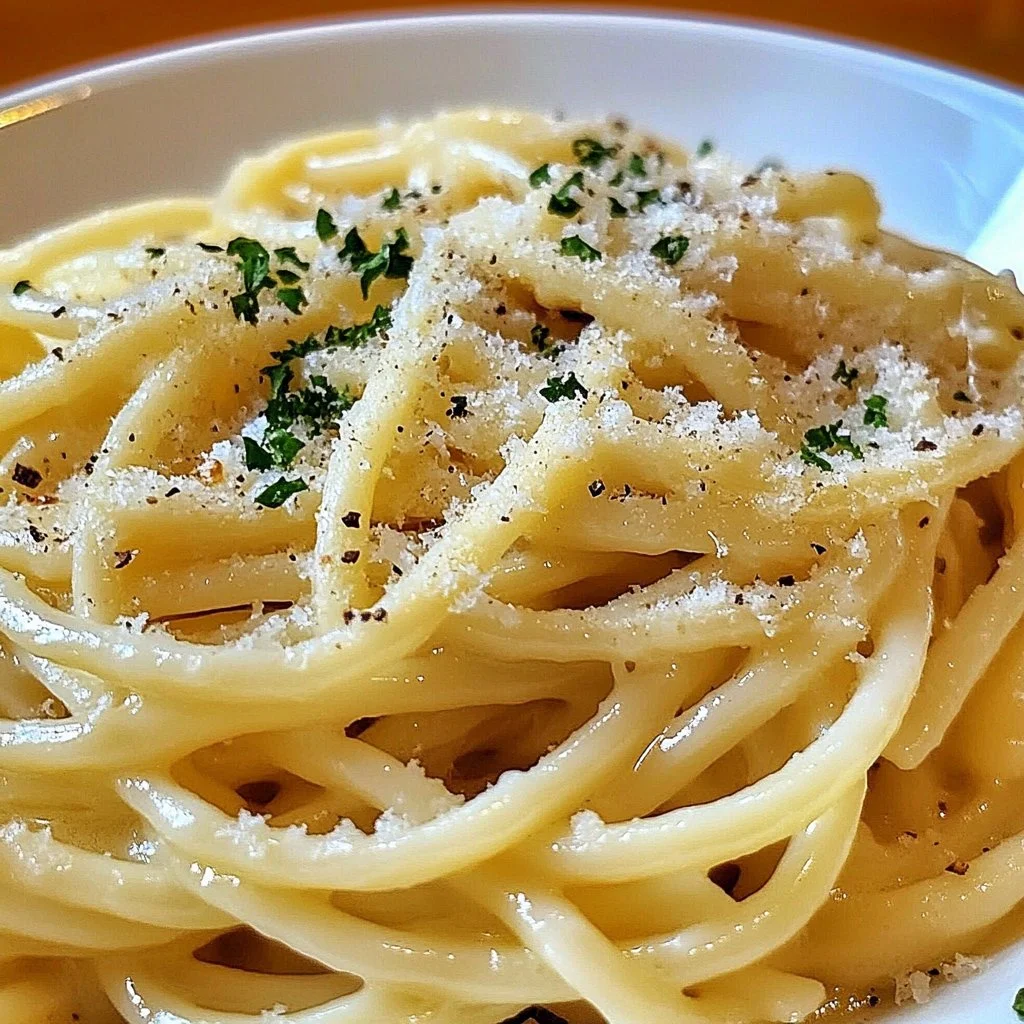 Creamy garlic butter noodles served in a bowl with herbs