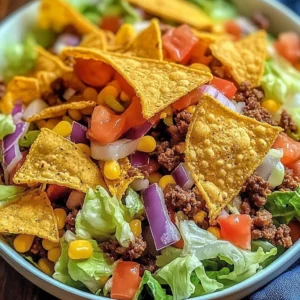 Delicious Simple Doritos Taco Salad topped with fresh ingredients and crunchy Doritos