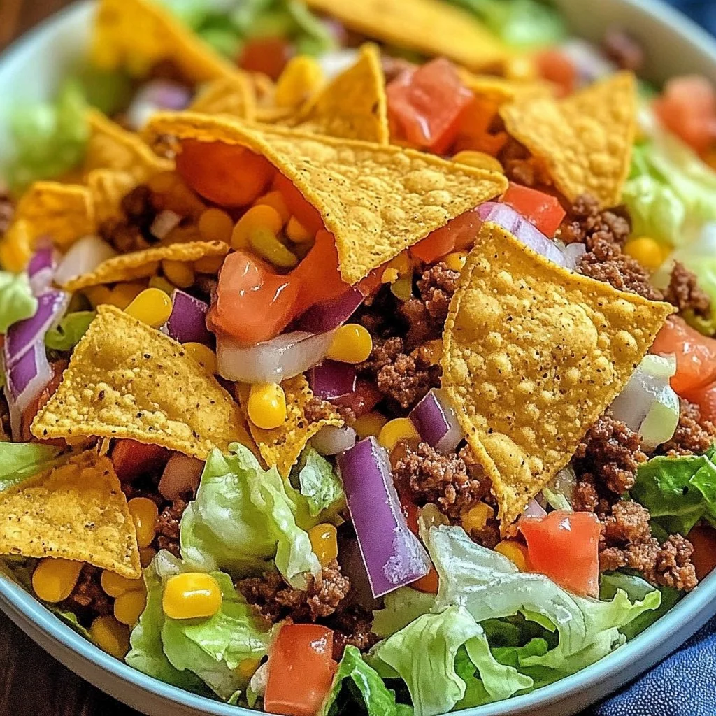 Delicious Simple Doritos Taco Salad topped with fresh ingredients and crunchy Doritos
