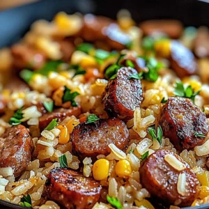 Delicious Cajun sausage and rice skillet ready to serve in a cast iron pan