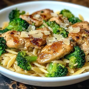 Delicious easy chicken broccoli orzo served in a bowl