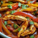 Crockpot chicken fajitas with colorful bell peppers and onions in a bowl