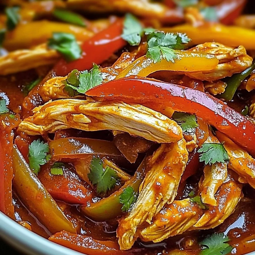 Crockpot chicken fajitas with colorful bell peppers and onions in a bowl