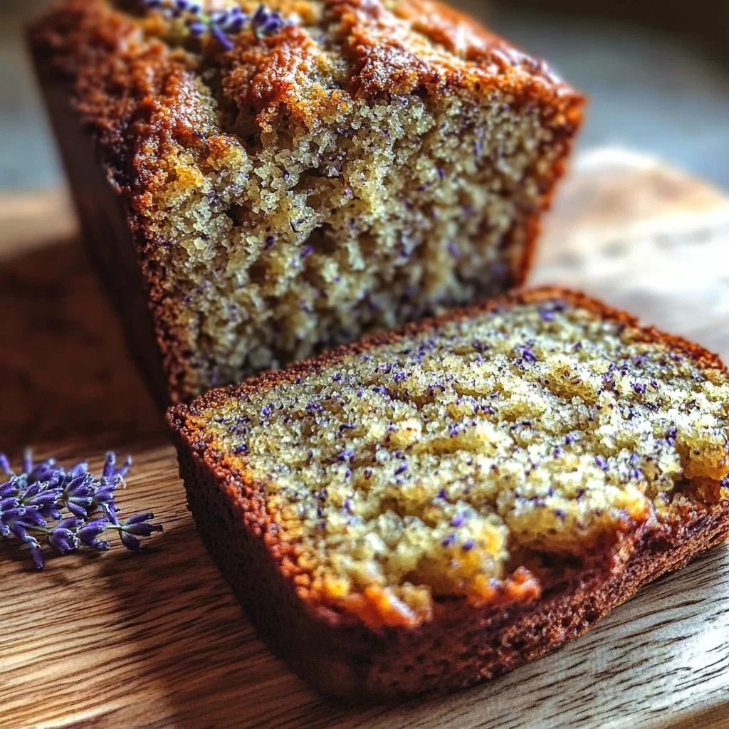 Sliced lavender banana bread on a wooden cutting board, showcasing its moist texture.