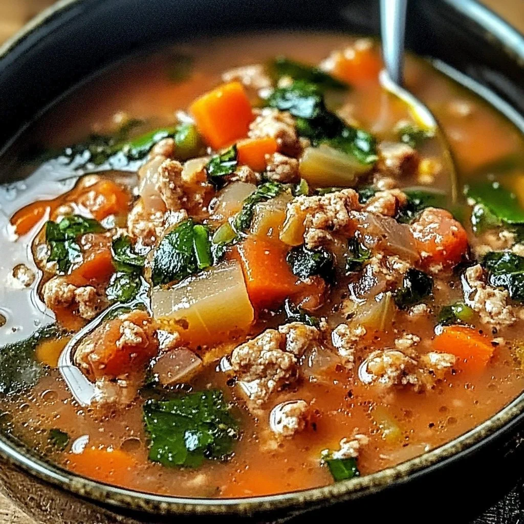 Bowl of easy Italian ground chicken soup garnished with herbs