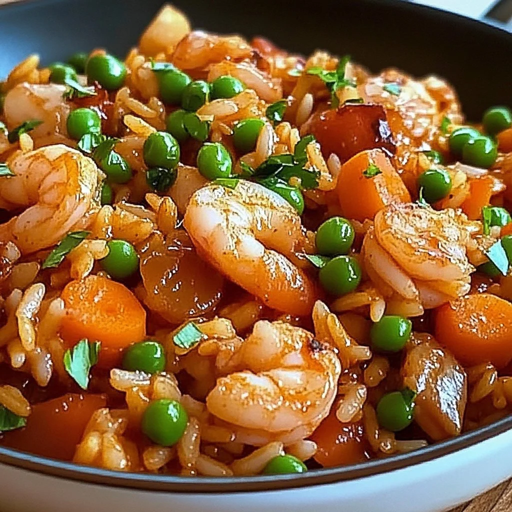 Easy one-pan jambalaya with sausage, shrimp, and vegetables in a skillet.