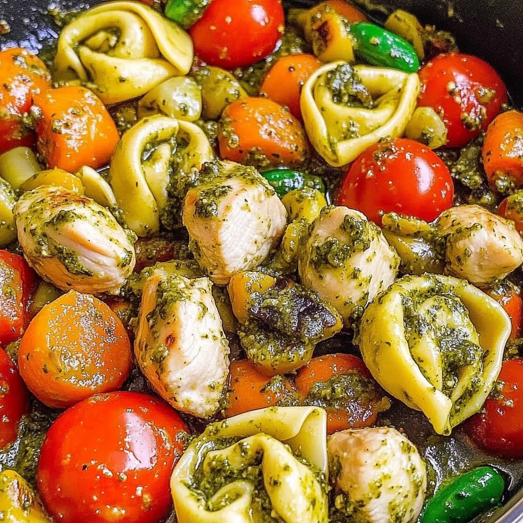 Easy one-pan pesto chicken with tortellini and mixed vegetables
