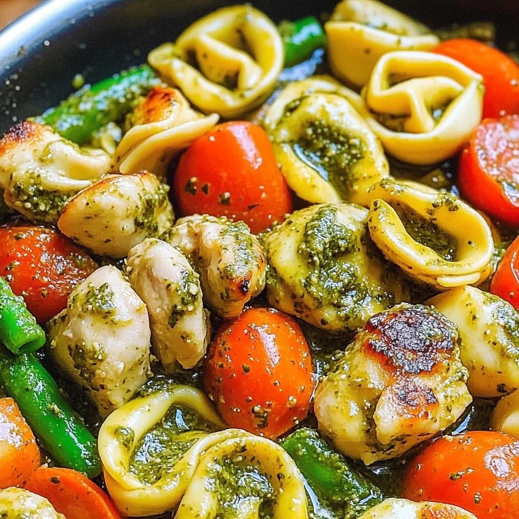 Easy One-Pan Pesto Chicken, Tortellini, and Veggies