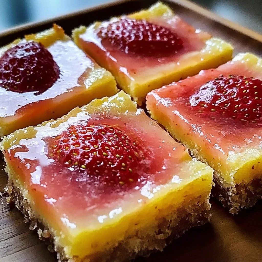 Delicious easy strawberry lemon bars topped with fresh strawberries.