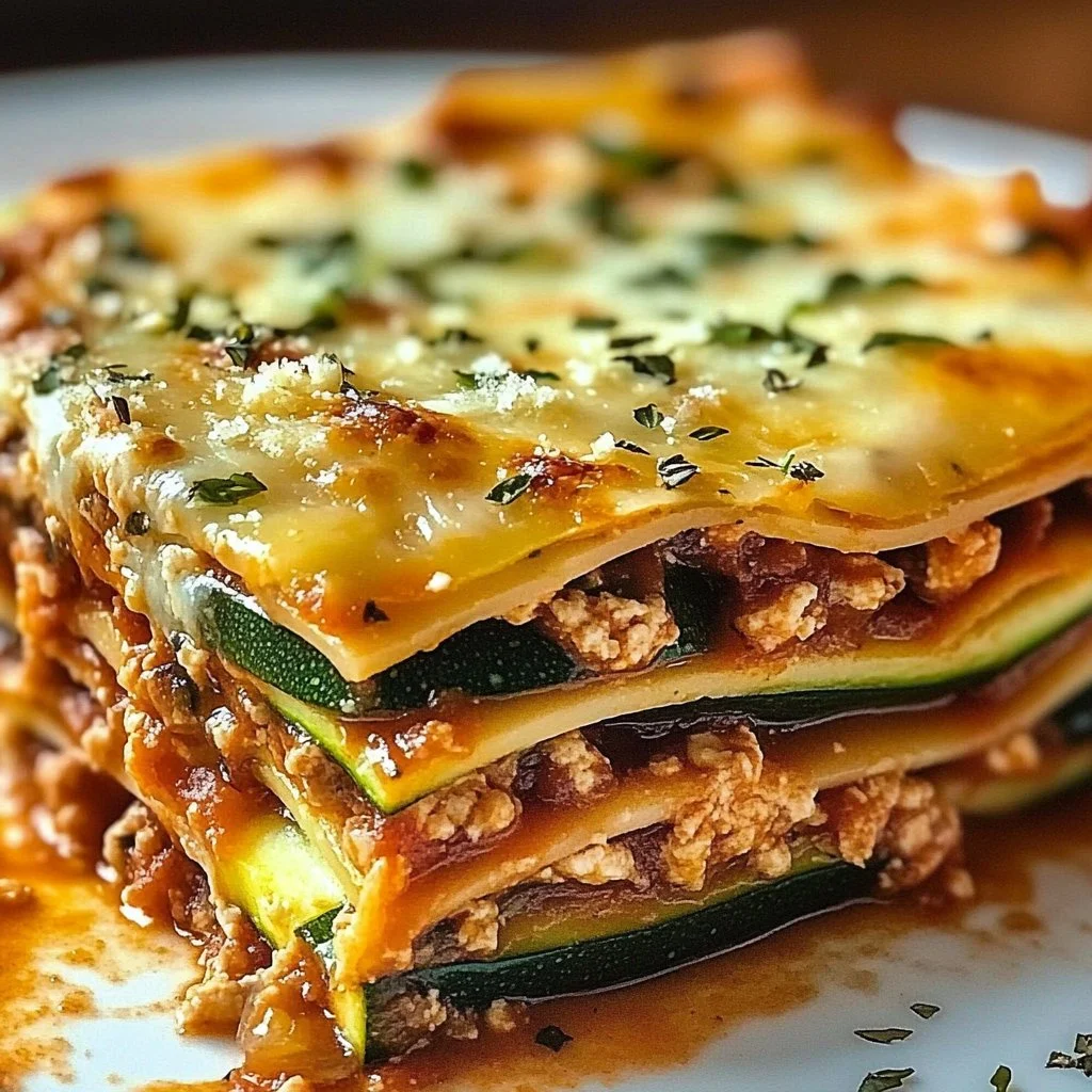 Delicious easy zucchini turkey lasagna decorated with fresh herbs