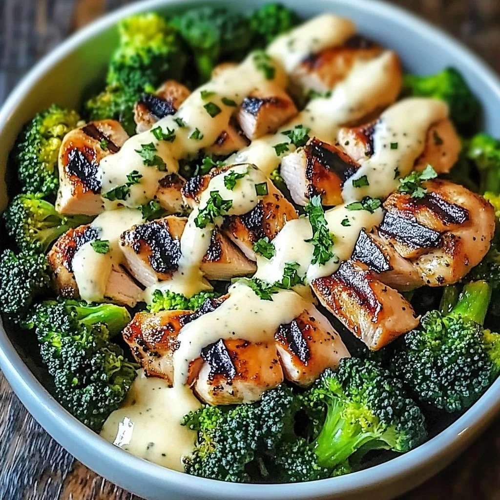 Grilled chicken and broccoli bowls topped with creamy garlic sauce.
