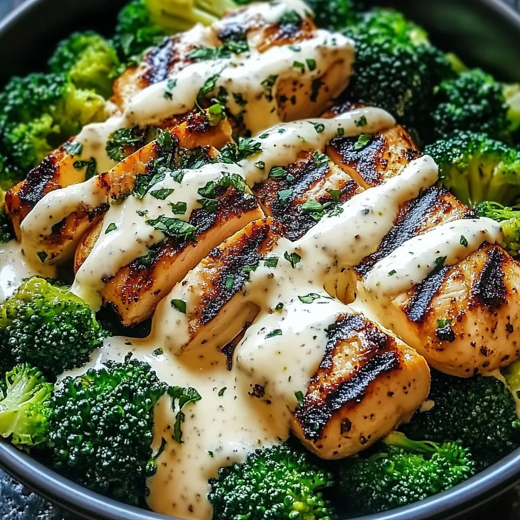 Grilled Chicken and Broccoli Bowls with Creamy Garlic Sauce