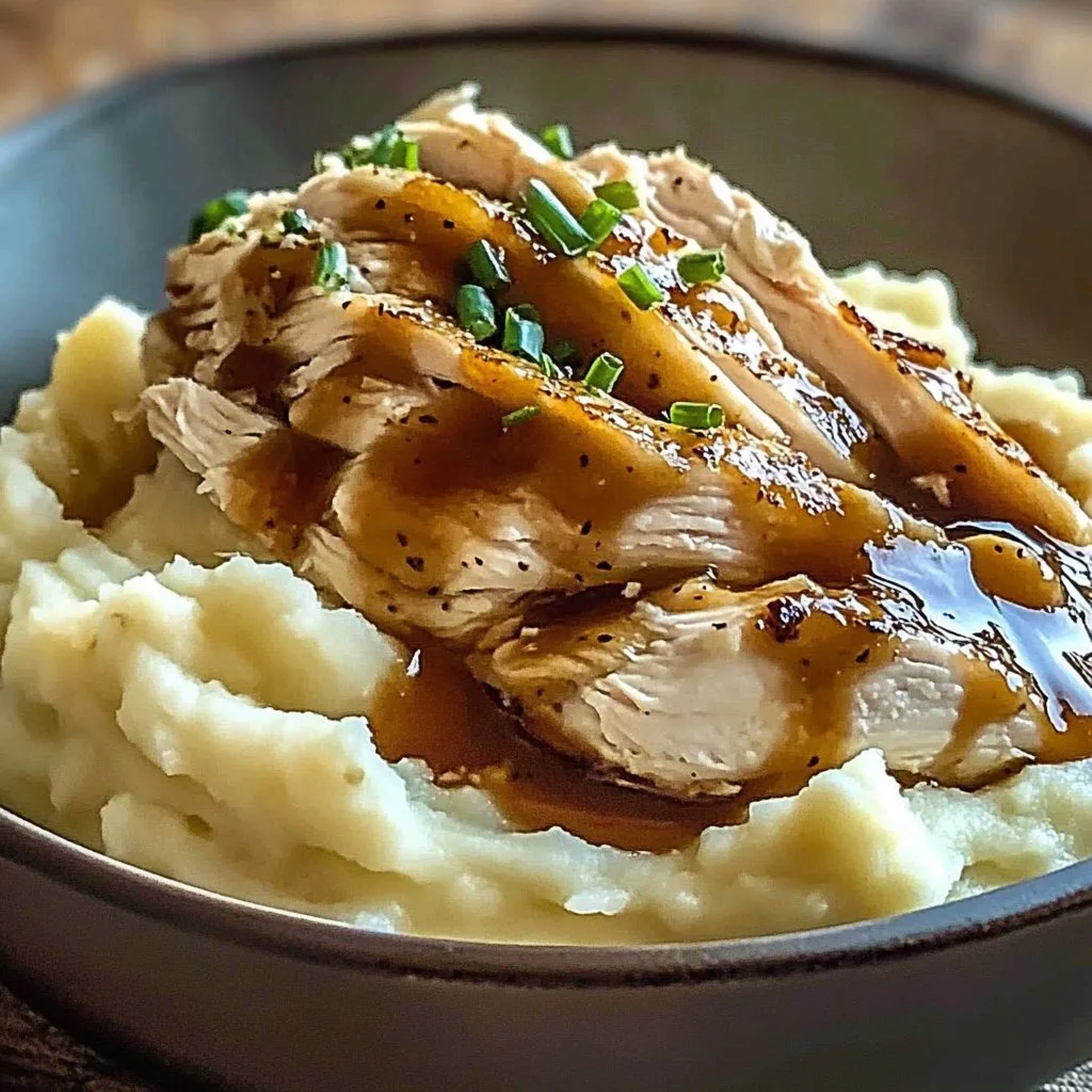 Delicious chicken mashed potato bowls with gravy and herbs served in a bowl
