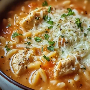 Bowl of irresistible Chicken Parmesan Soup garnished with herbs and cheese.