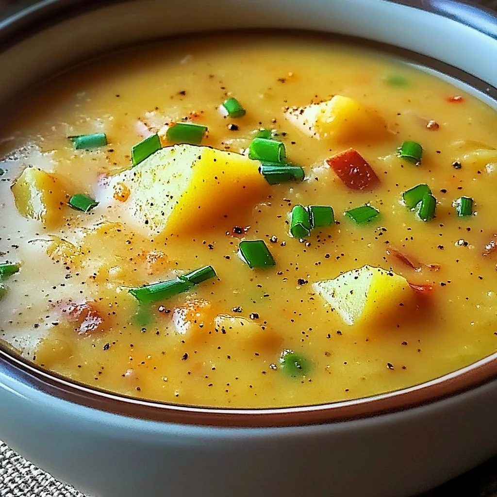 Bowl of creamy Cajun potato soup topped with green onions and spices