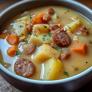 Bowl of Irresistible Crockpot Potato Sausage Soup with fresh herbs